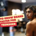 Teenager using grooming products and healthy habits to grow a beard faster.